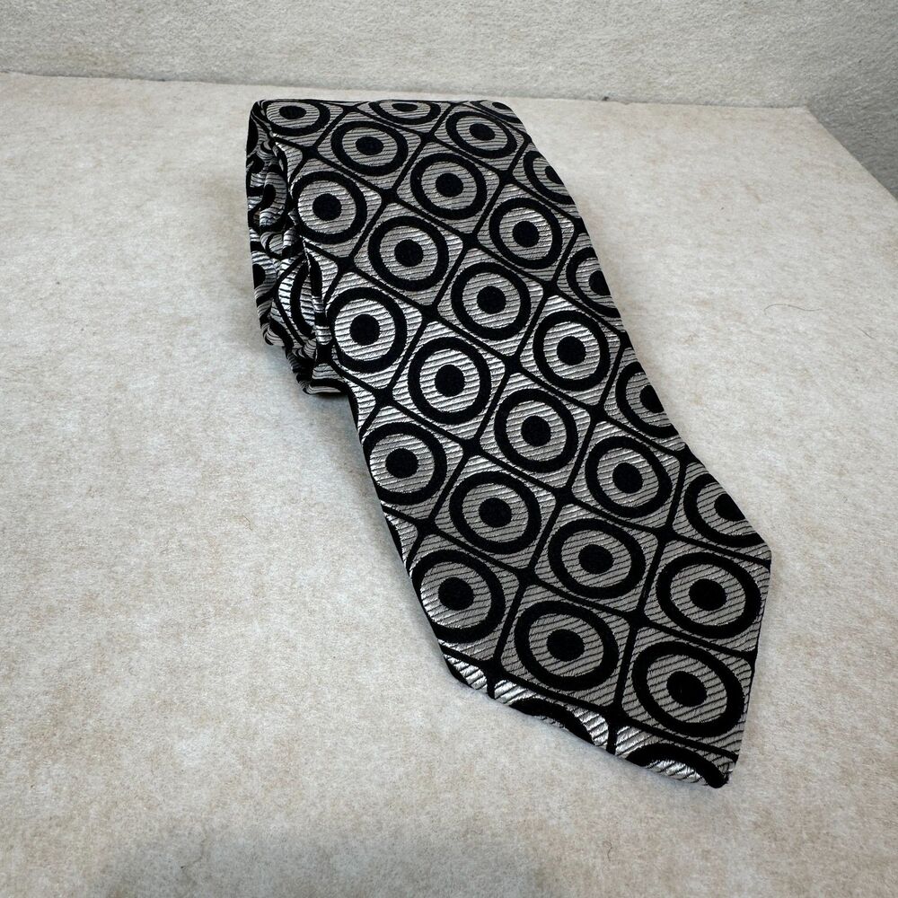 Gucci Black Silver Geometric Circle Mod Silk Tie Made in Italy